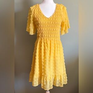 ☀️ BTFBM V-Neck Flutter Sleeve Flowy Swiss Dot Ruffle Dress | Yellow | Medium
